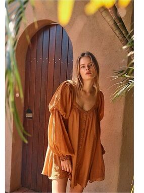 Free People Button-Front Rust Orange Babydoll Mini Dress